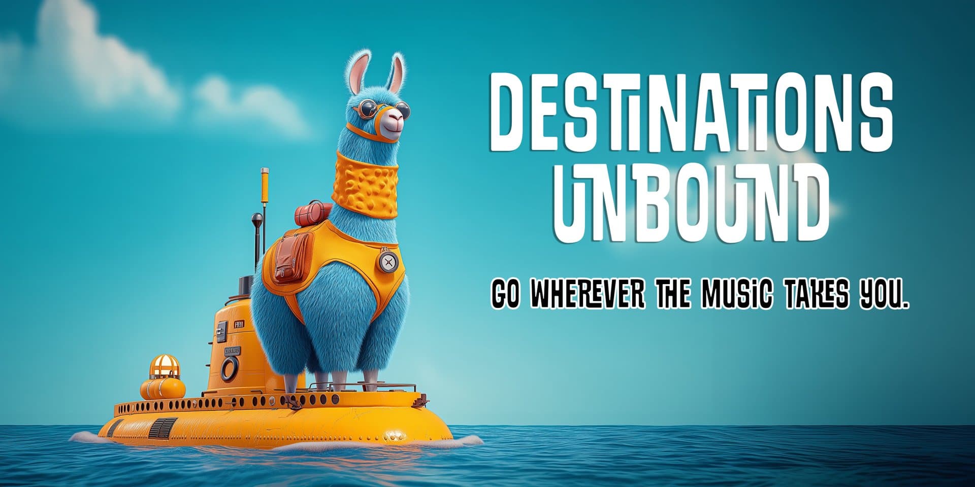 Destinations Unbound — a blue llama riding a yellow submarine. Go wherever the music takes you.